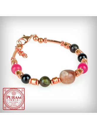 Bransoletka miedziana z kamieniami naturalnymi - wzór 6 - Onyks/Tiger Eye/Agat - 3078